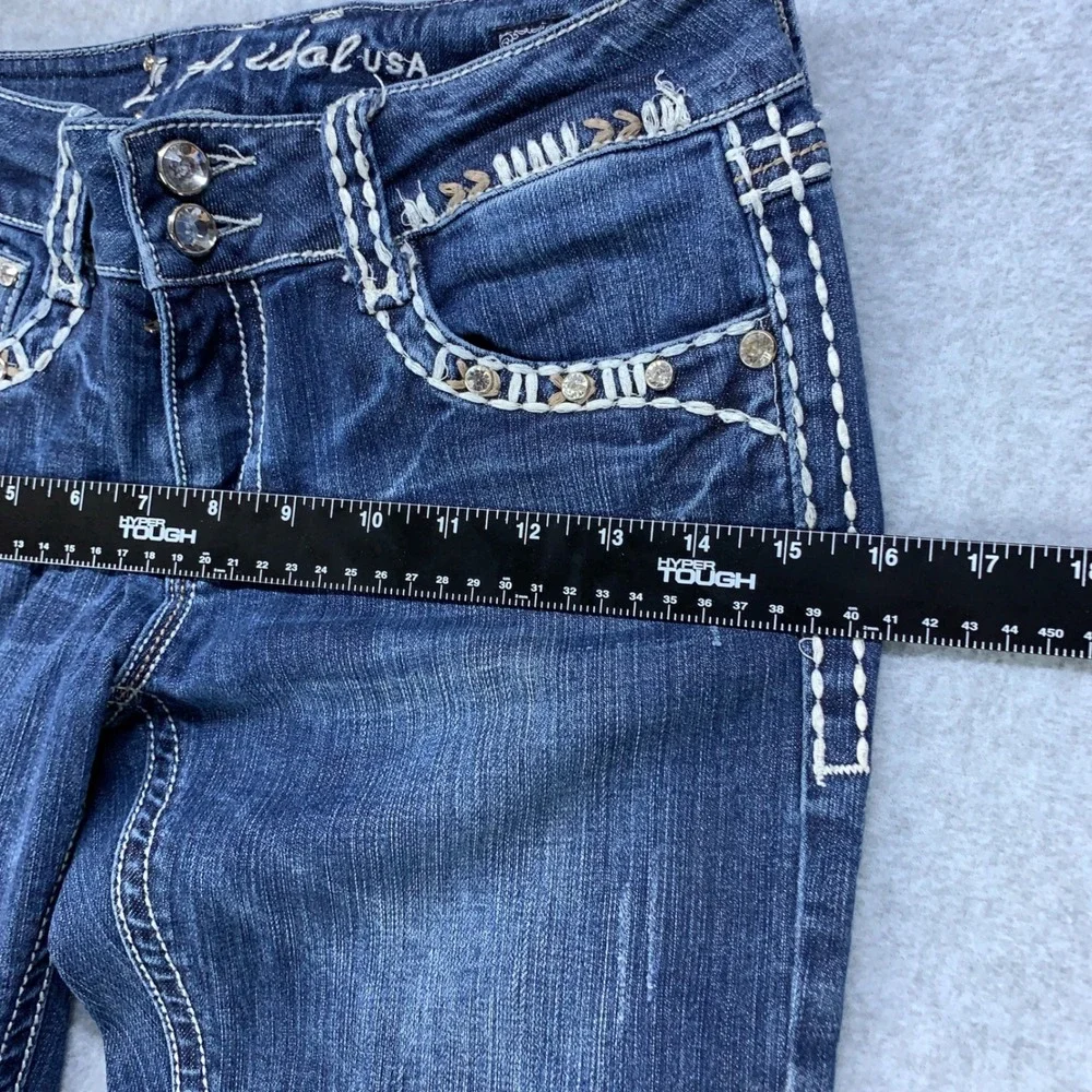 L.A. Idol Bootcut Jeans Womens 7 Blue Rhinestone Embroidered Pockets Stretch